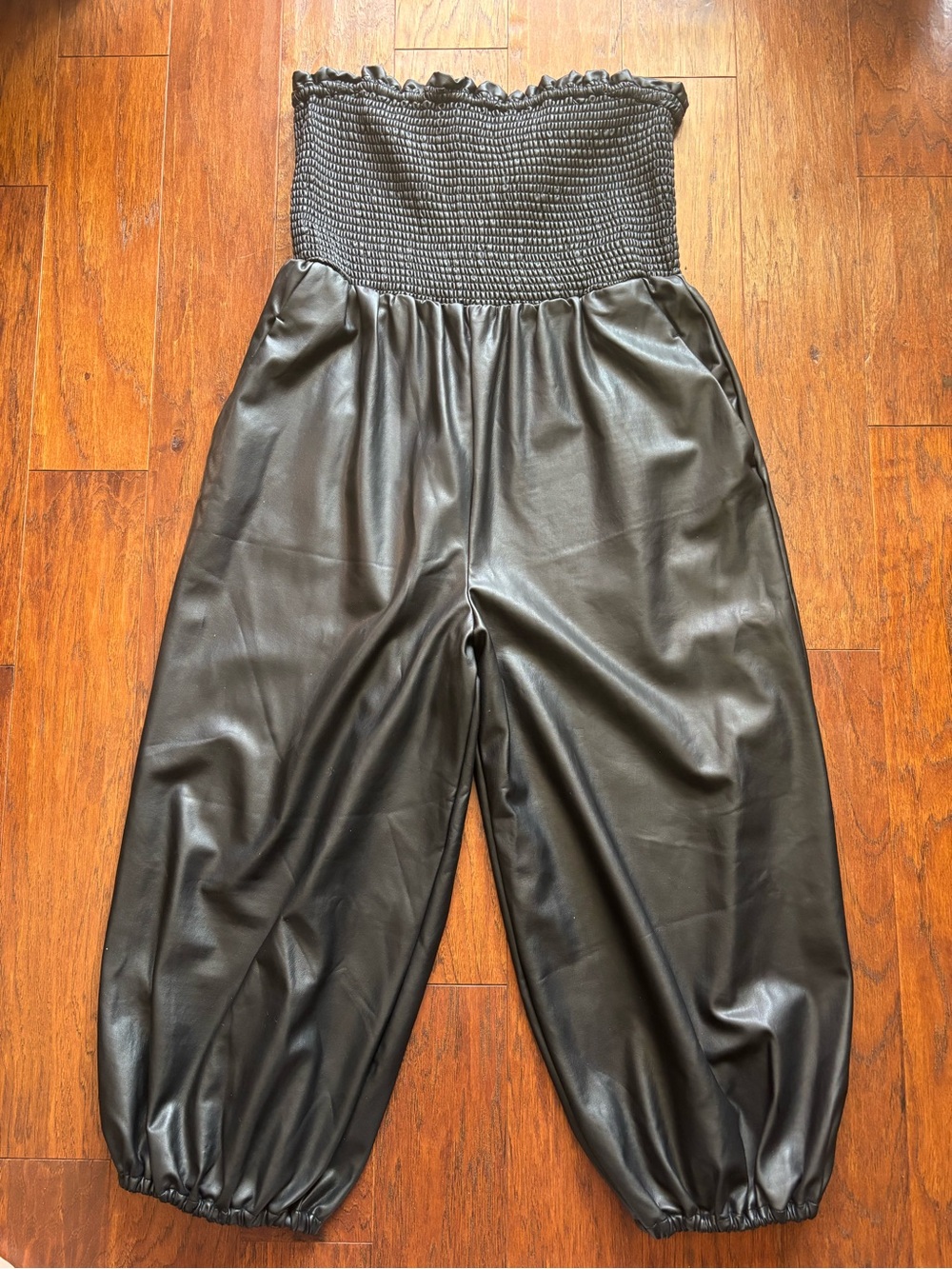 Anthropologie Faux Leather Strapless Jumpsuit Balloon Leg | Size XLP - Picture 7 of 14